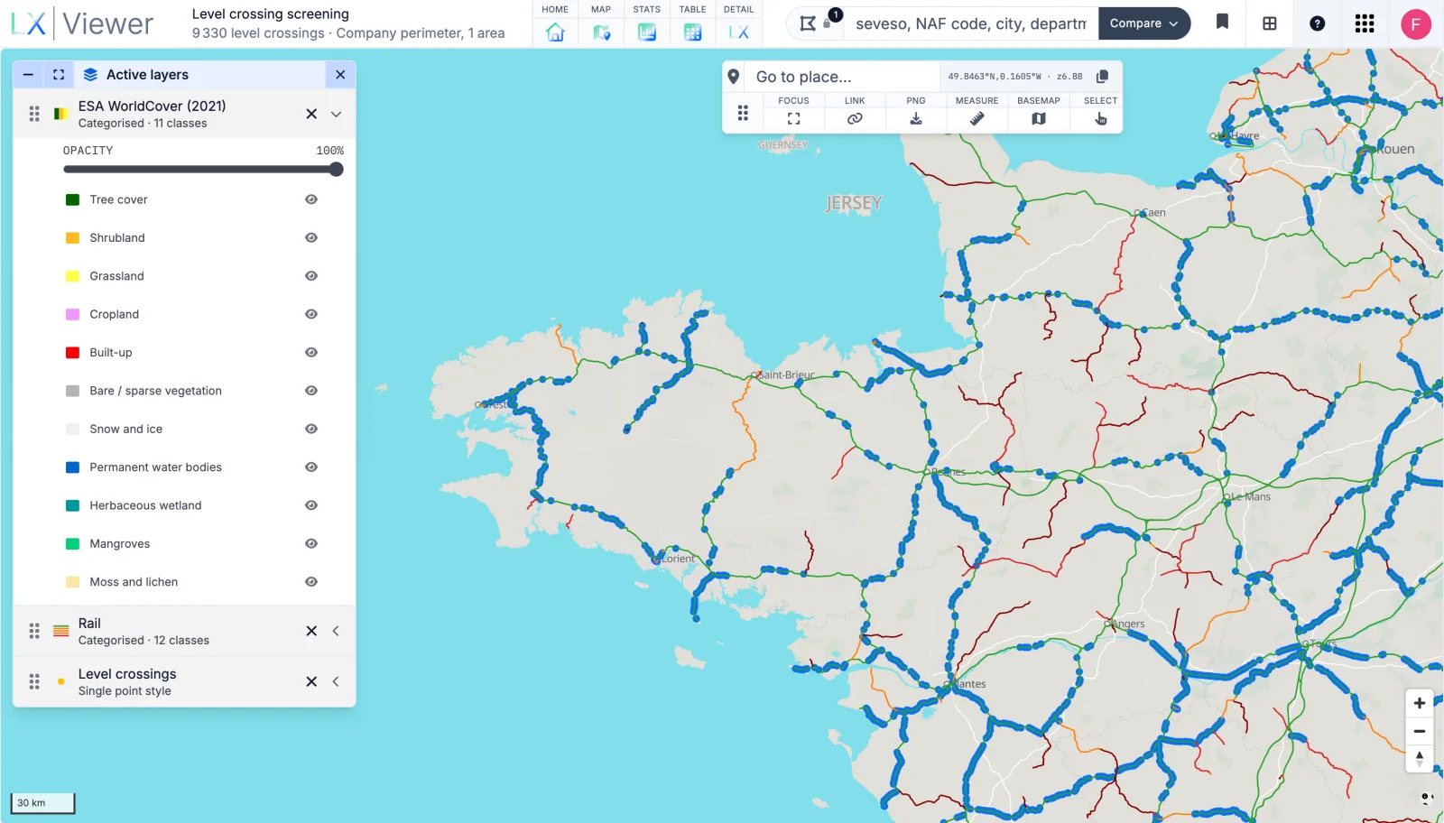 SAMRoute LX Viewer screening every active level crossing on the French national rail network.